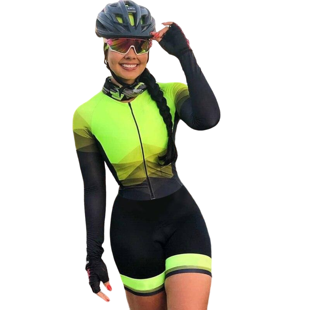 Macaquinho de Ciclismo Feminino Triathlon Verde Fluorescente