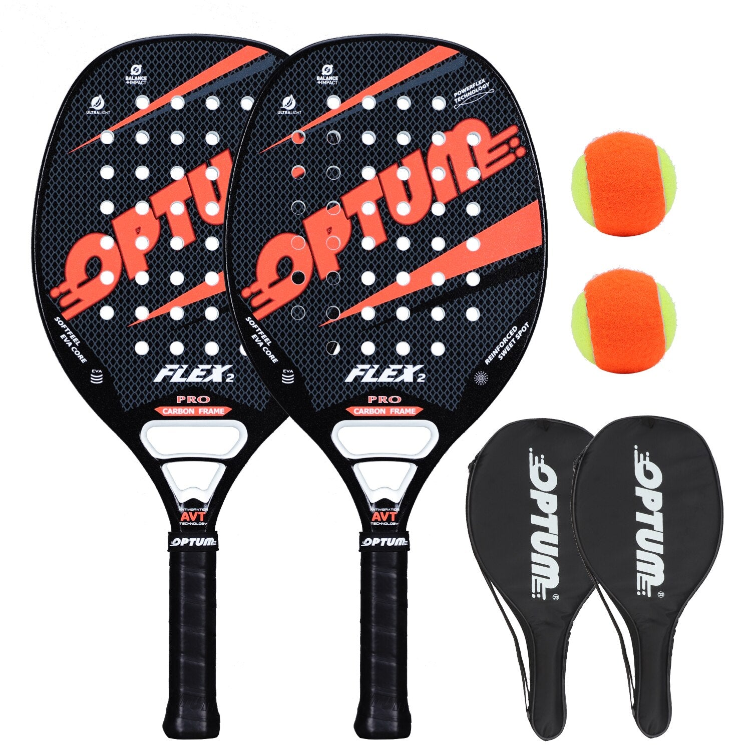 Kit Duas Raquetes de Beach Tennis Optum Flex II Pro Carbon + Bolas 2 Vermelhas