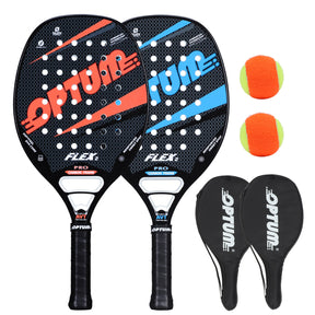 Kit Duas Raquetes de Beach Tennis Optum Flex II Pro Carbon + Bolas 1 Vermelha 1 Azul