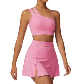 Conjunto Esportivo Feminino Top e Saia FitGlam Ombro Rosa
