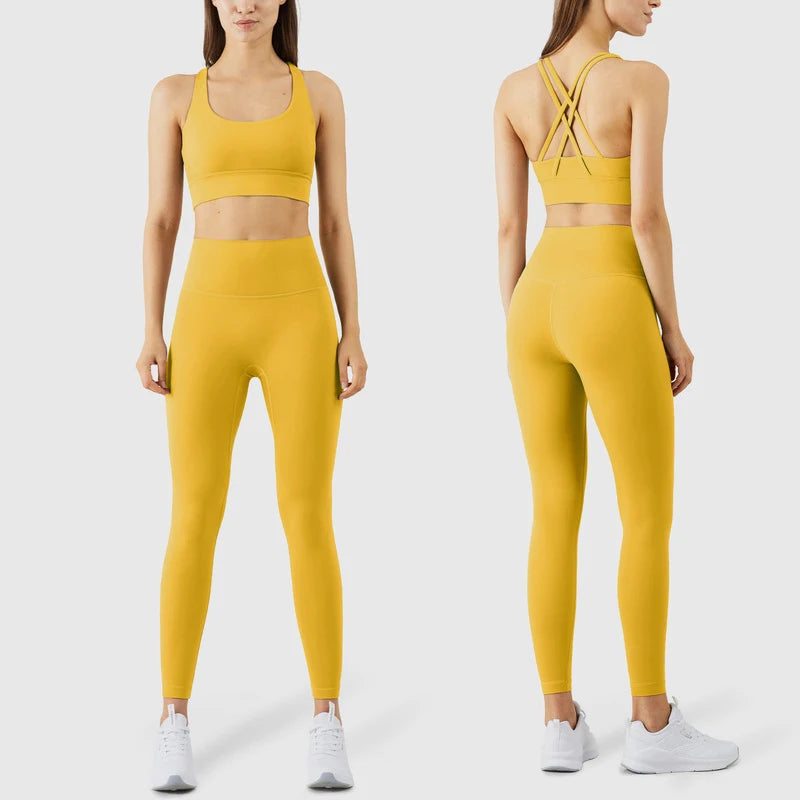 Conjunto Fitness Legging Sem Costura Quick Dry Amarelo